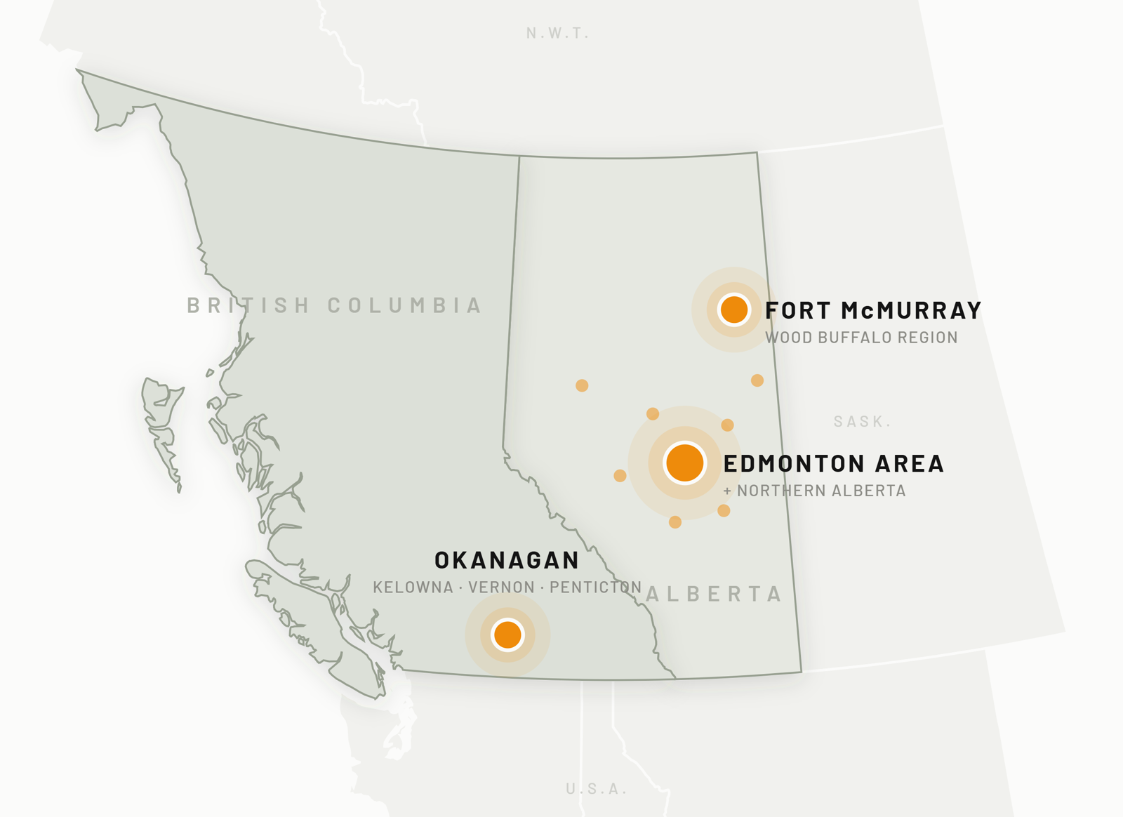 Map of British Columbia and Alberta showing the three regions Wilco builds in: the Edmonton area and northern Alberta, Fort McMurray and the Wood Buffalo region, and the Okanagan